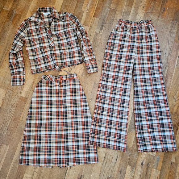 Vintage Pants - Vintage 70s Green Rust Orange Plaid 3-Piece Set Top Pants Skirt Juniors 5 XXS